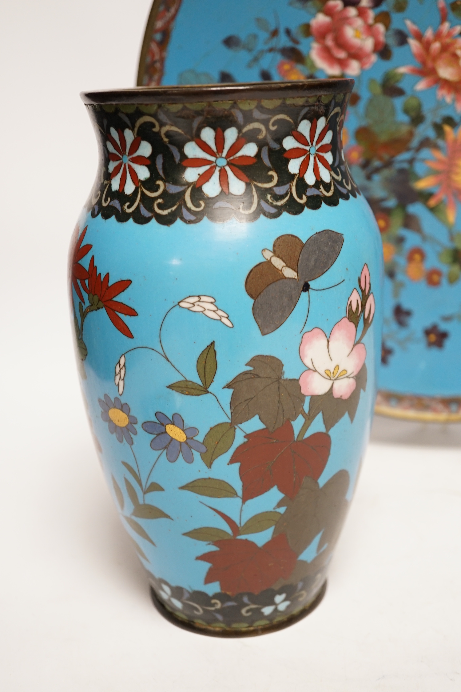 Two pieces of Japanese cloisonné enamel, comprising charger and vase, largest 36cm in diameter